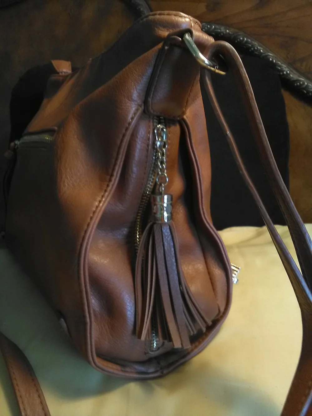 M.M.S. Brown VEGAN Leather Shoulder Bag Gold Buckles Adj. Strap